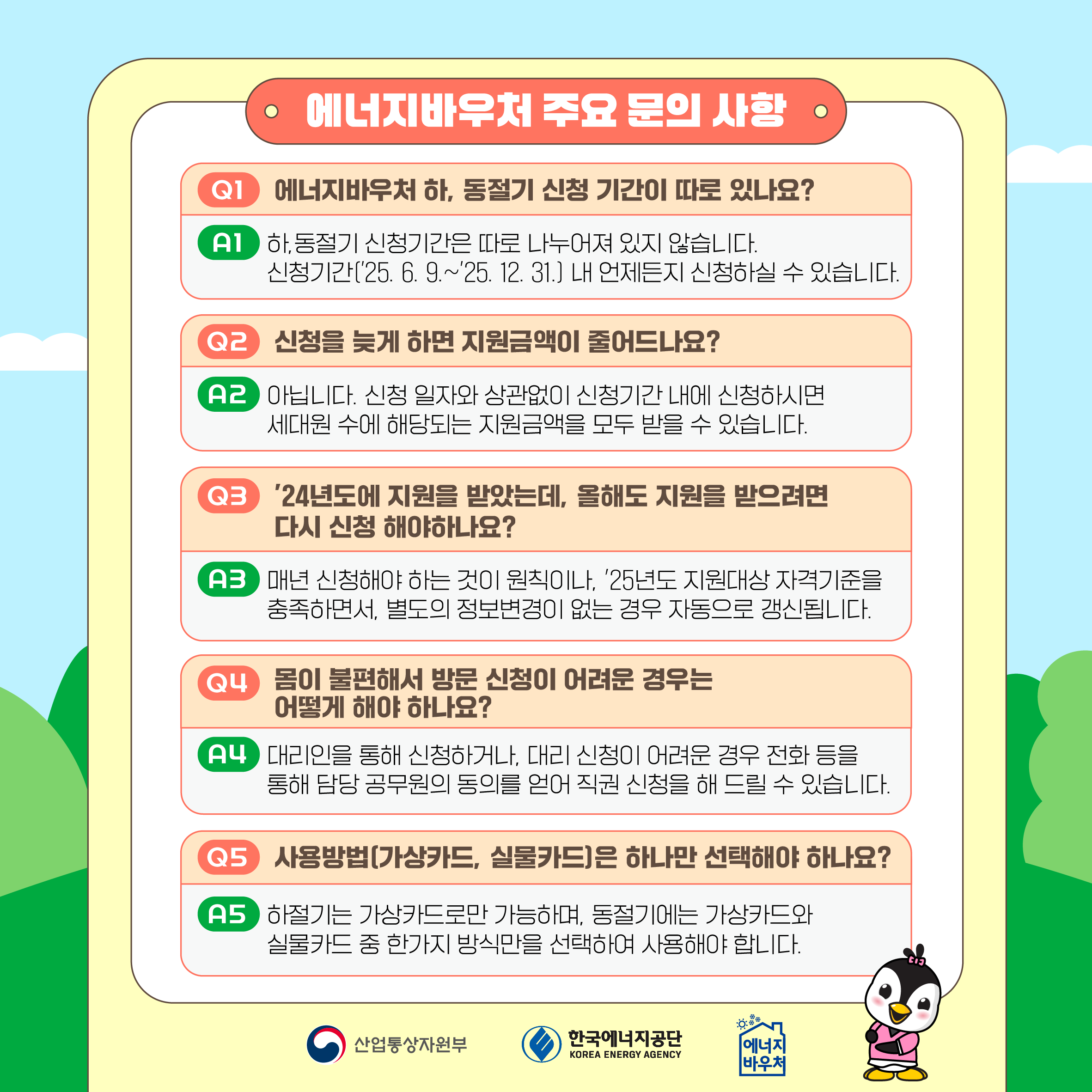 [에너지바우처 주요 문의 사항] Q1 에너지바우처 하, 동절기 신청 기간이 따로 있나요? A1 하,동절기 신청기간은 따로 나누어져 있지 않습니다. 신청기간(’25. 6. 9.~’25. 12. 31.) 내 언제든지 신청하실 수 있습니다. Q2 신청을 늦게 하면 지원금액이 줄어드나요? A2 아닙니다. 신청 일자와 상관없이 신청기간 내에 신청하시면 세대원 수에 해당되는 지원금액을 모두 받을 수 있습니다. Q3 ’24년도에 지원을 받았는데, 올해도 지원을 받으려면 다시 신청 해야하나요? A3 매년 신청해야 하는 것이 원칙이나, ’25년도 지원대상 자격기준을 충족하면서, 별도의 정보변경이 없는 경우 자동으로 갱신됩니다. Q4 몸이 불편해서 방문 신청이 어려운 경우는 어떻게 해야 하나요? A4 대리인을 통해 신청하거나, 대리 신청이 어려운 경우 전화 등을 통해 담당 공무원의 동의를 얻어 직권 신청을 해 드릴 수 있습니다. Q5 사용방법(가상카드, 실물카드)는 하나만 선택해야 하나요? A5 하절기는 가상카드로만 가능하며, 동절기에는 가상카드와 실물카드 중 한가지 방식을 선택하여 사용해야 합니다. 산업통상자원부 한국에너지공단 에너지바우처
