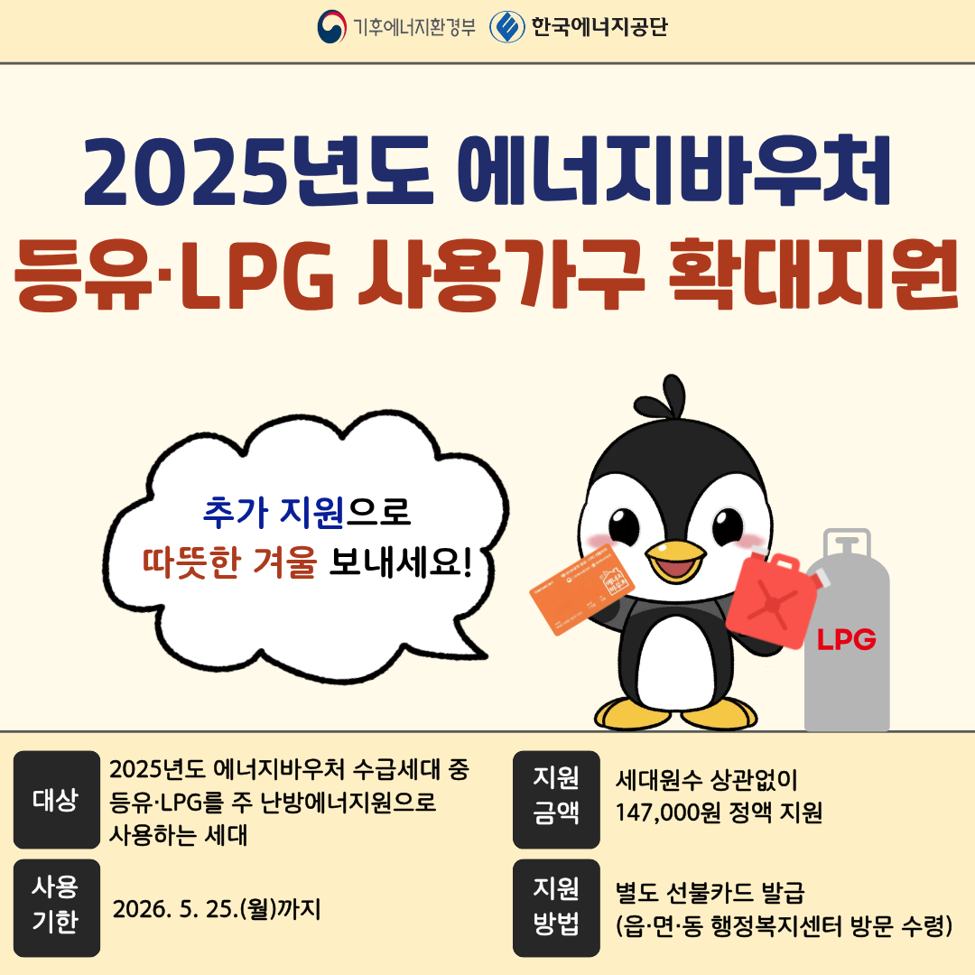 2025년도 에너지바우처 등유·LPG 사용가구 확대지원 추가 지원으로 따뜻한 겨울 보내세요! 대상 2025년도 에너지바우처 수급세대 중 등유·LPG를 주 난방에너지원으로 사용하는 세대 지원금액 세대원수 상관없이 147,000원 정액 지원 사용기한 2026. 5. 25.(월)까지 지원방법 별도 선불카드 발급(읍·면·동 행정복지센터 방문 수령)